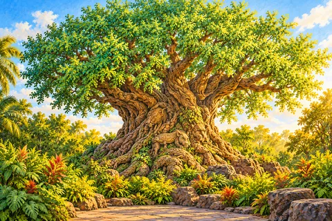 Painted interpretation of the Tree of Life and tropical planting