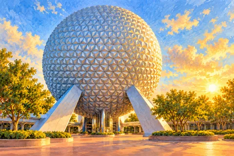 Painted interpretation of Spaceship Earth and its entrance plaza