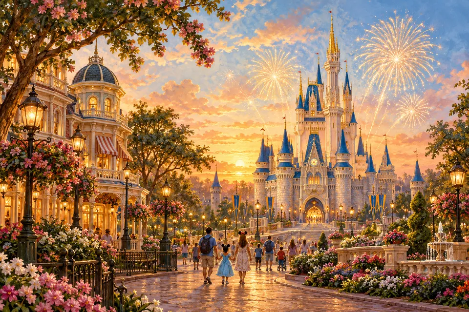 Painted interpretation of Cinderella Castle in warm evening light